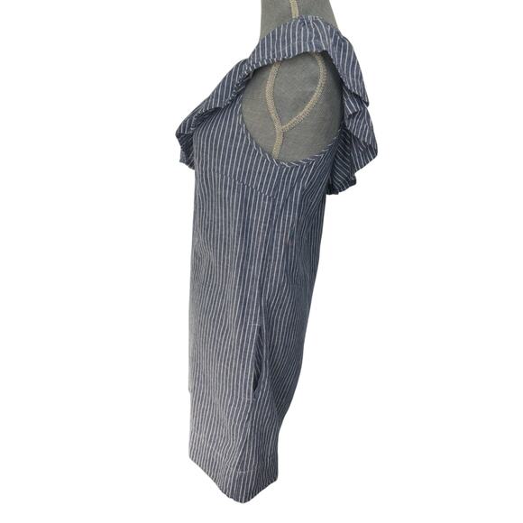 Aqua Linen Blend One Shoulder Striped Dress Size Small Ruffle Coastal Preppy - Picture 2 of 6